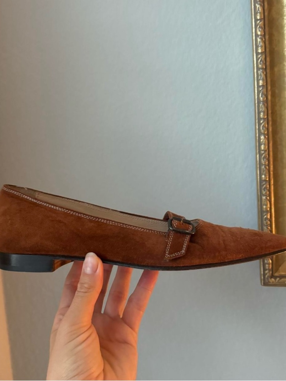 Manolo Blahnik Rust Suede Pointed Mary Jane Flats - Picture 2 of 3